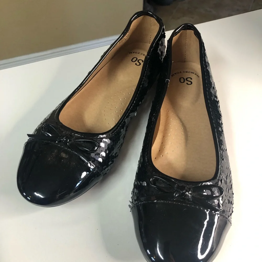 Black Sequin‎ Ballet Flats Patent Toe Bow Memory Foam Kids Size 4